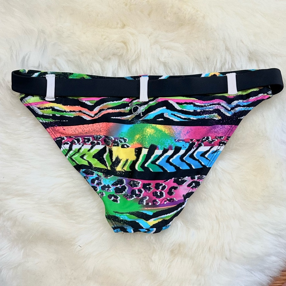 OP Ocean Pacific Vintage Neon Animal Print Black Belted Bikini Bottom SZ M 7-9 - Picture 6 of 9